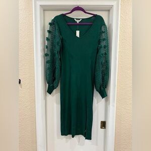 No Boundaries Green Long Sleeve Dress with Floral Accents